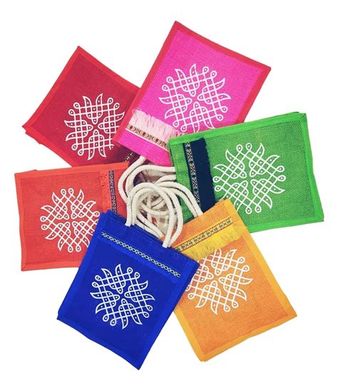 Anumala Jute Bags With Contrast Kolam Art Thamboolam And Jute Bags