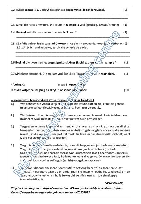 Afrikaans Grade Fal Test Begripstoets Visueel Opsomming Taal