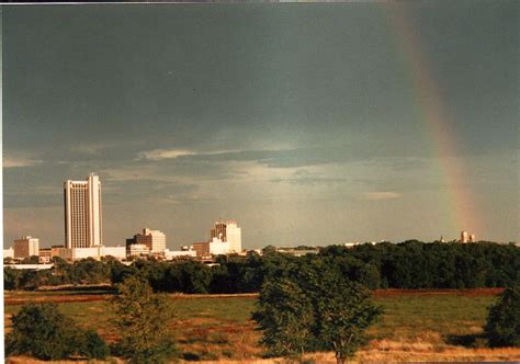 Downtown Amarillo Texas With A Church At The End Of The Rainbow