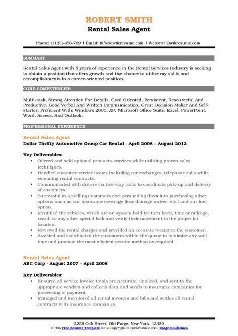 Rental Sales Agent Resume Samples Qwikresume