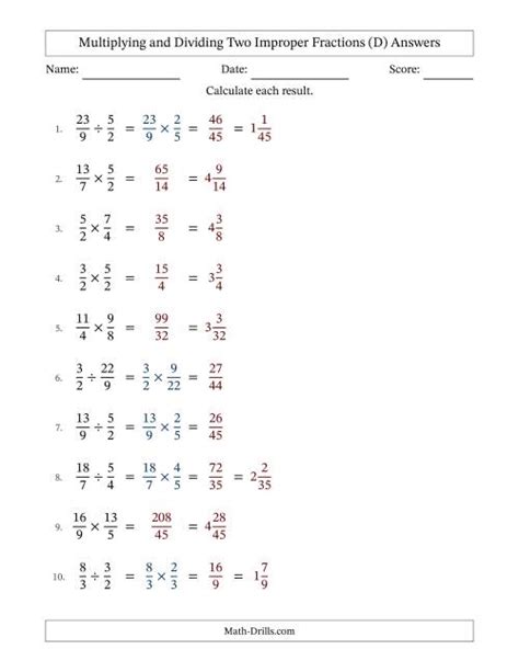 Multiplying And Dividing Two Improper Fractions With No Simplifying D