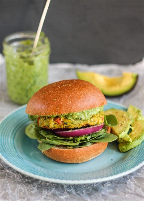 Garlic Basil Chickpea Veggie Burgers With Creamy Avocado Pesto