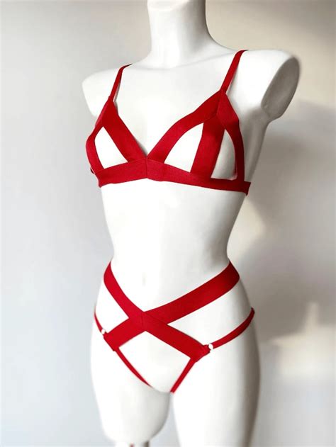 Bondage Lingerie Set Pcs Red Bikini Set With Bra And Panty Etsy