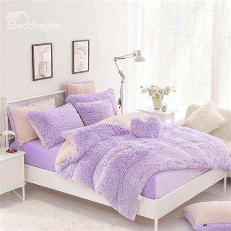 Solid Purple And Pink Color Blocking Fluffy 4 Piece Bedding Setsduvet