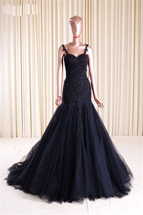 Black Mermaid Tulle Prom Dresses Spaghetti Straps Lace Women Party