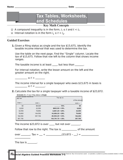 Lesson Worksheet Tax Tables Worksheets And Schedules Schedule