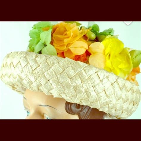 Brenton 1960s Vintage Straw Floral Hat Gem