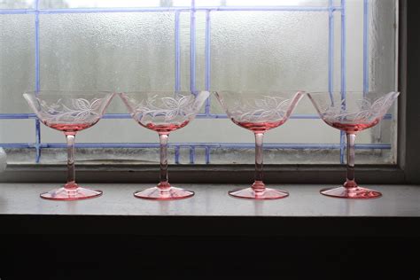 4 Vintage Pink Depression Etched Glass Champagne Glasses 1930s