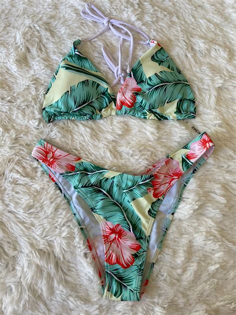 Bikini Malla Triangulo Verde Hojas Y Flores Saldos Vip Tienda Virtual