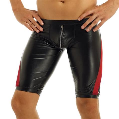 Short Cuir Homme Sexy Boxer Ouvert Entrejambe Zip Taille Basse