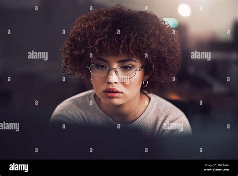 Night Computer And Focus Of Black Woman Programmer Software Developer