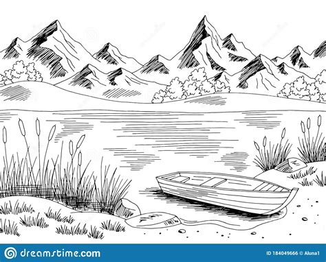 Illustration About River Boat Graphic Black White Landscape Sketch