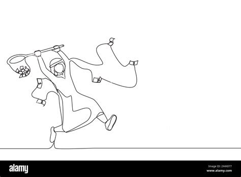 Continuous One Line Drawing Arab Businessman Trying To Catch Flying