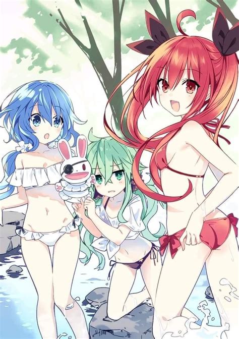 Three Anime Girls In Bathing Suits Standing Next To Each Other And One