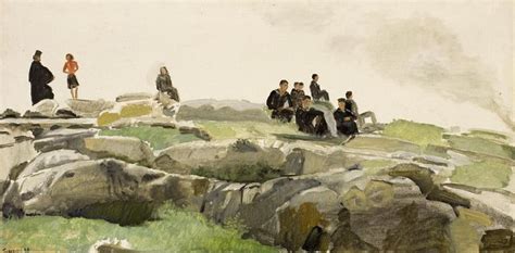 A Painting Of People Standing On Top Of A Rocky Hill Next To Grass And