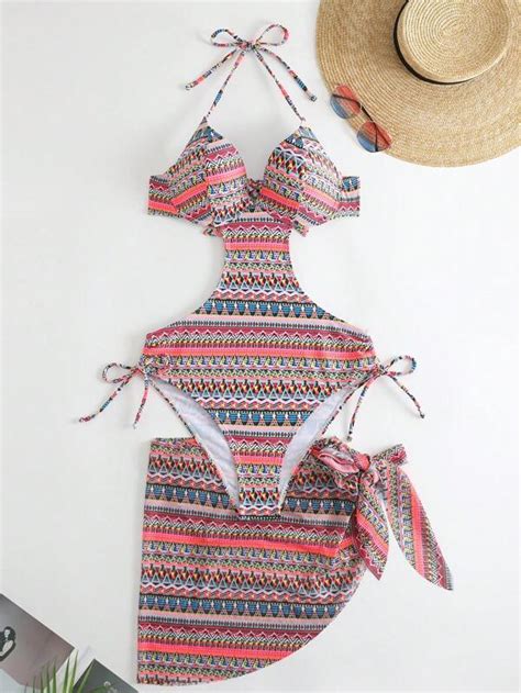 SHEIN Swim BohoFeel Geo Print Cut Out Halter Bikini Swimsuit With Beach