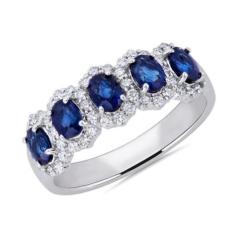 Five Stone Oval Sapphire And Diamond Halo Anniversary Ring In 14k White