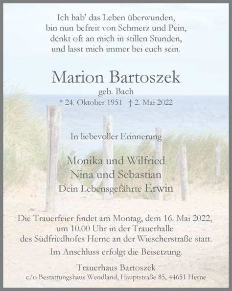 Traueranzeigen Von Marion Bartoszek Trauer In Nrw De