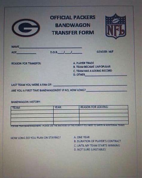 Bandwagon Transfer Form For Packers Fans