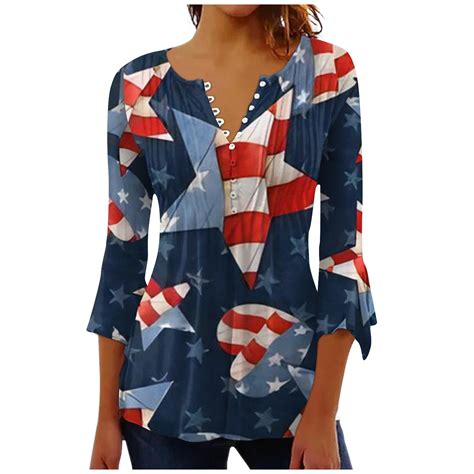 Paaisye July 4th Womens 3 4 Sleeve American Flag Tops Button Down