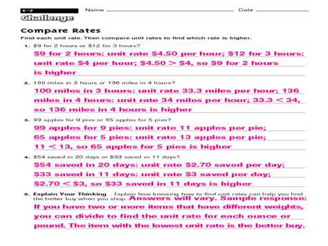 Compare Unit Rates Worksheet For 2nd 3rd Grade Lesson Planet