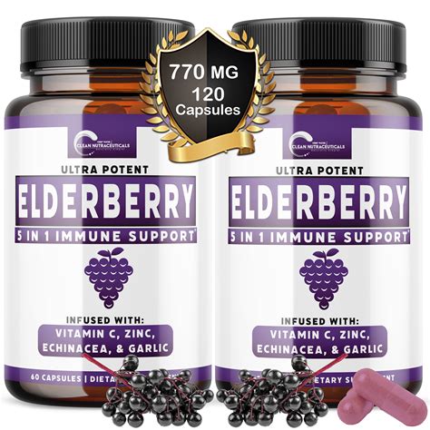 Elderberry Capsules Immune Support Supplement Zinc Vitamin C Garlic