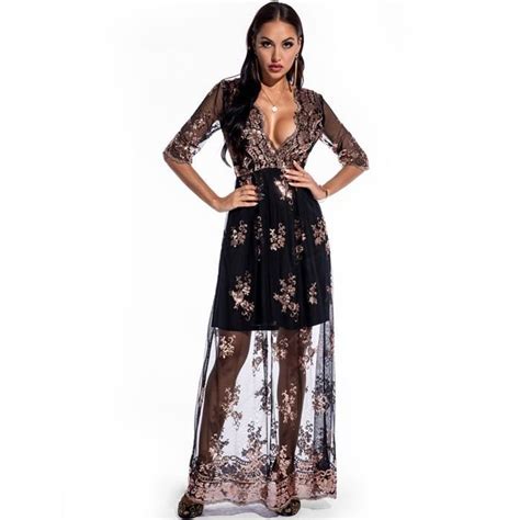 Robe Longue De Soir E Manches Longues Et Encolure En V Pour Femmes