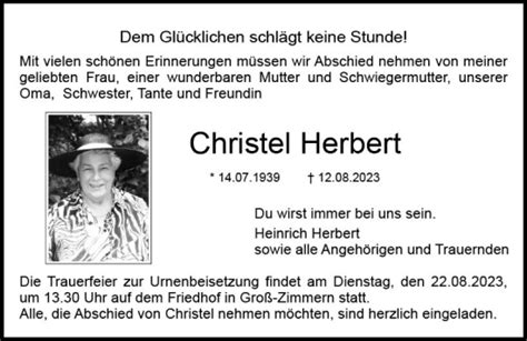 Traueranzeigen Von Christel Herbert Vrm Trauer De