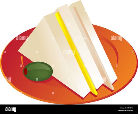 Ham And Cheese Sandwich Illustration Triangle Cut With Olive On Orange