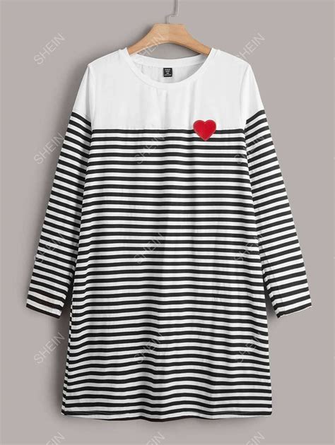 Shein Frenchy Plus Striped Print Heart Patch Detail Tee Dress Shein Usa