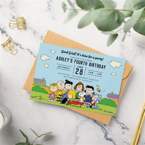 Peanuts Charlie Brown And Gang Birthday Invitation Zazzle Snoopy