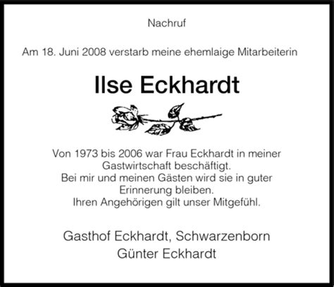 Traueranzeigen Von Ilse Eckhardt Trauer Hna De