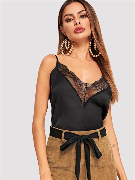 Eyelash Lace Insert Satin Cami Top Sheinsheinside Satin Cami Top Satin Cami Cami Tops