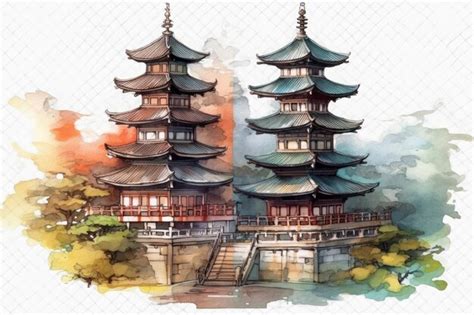 Premium AI Image | Watercolor painting of a Japanese Temple