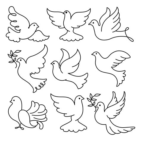 Set Of Line Drawings Of Doves Icons Decor Elements Logo Vector