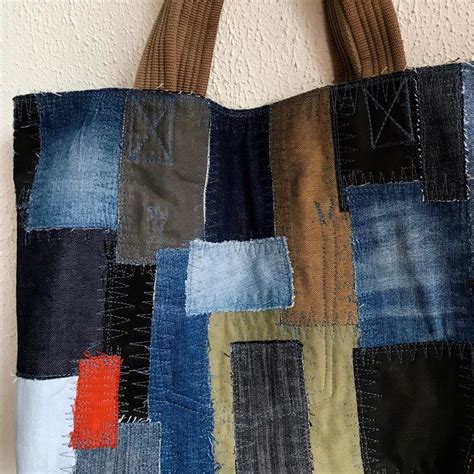 Denim Patchwork Bag Xl Shopping Big Boro Shopper Market Bag Repurposed