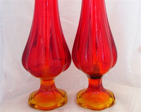 Vintage Amberina Tall Red Footed Bud Vase Set Of 2 Vases Etsy