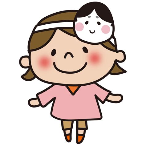 節分でおたふくのお面をかぶった子供（女の子1）の無料フリーイラスト かわいい手描きの無料素材「てがきっず」保育園・小学校・介護施設に