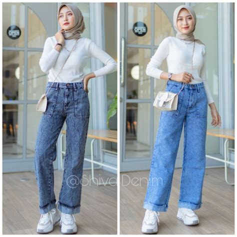 Jual Celana Kulot Jeans Wanita Lipat Bawah Stik Balik Snow High Waist