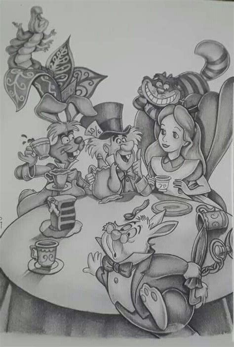 Alice In Wonderland Scene Grayscale Drawing Alice In Wonderland