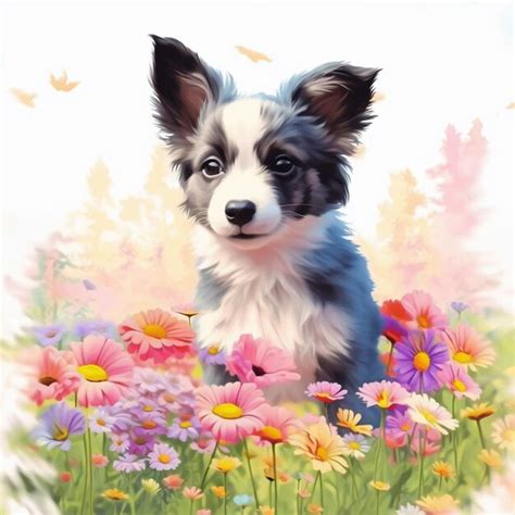 Premium AI Image | Painting of a puppy in a field of flowers with butterflies generative ai