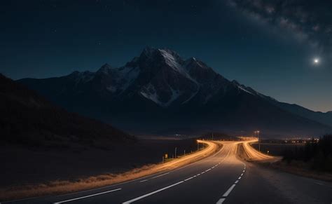 Premium AI Image | night landscape with straight highway and mountains