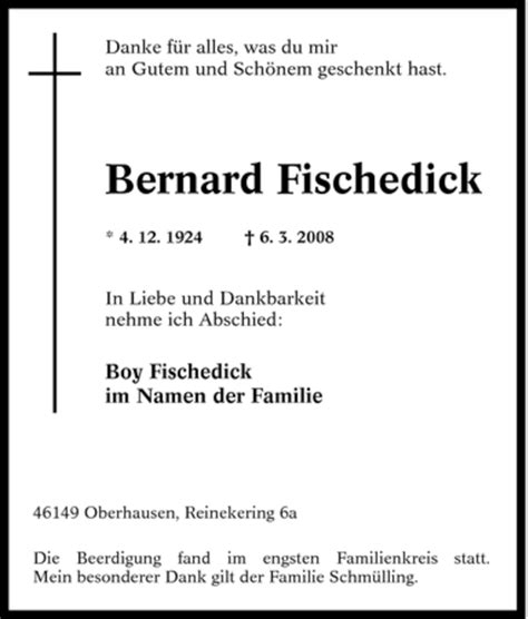 Traueranzeigen Von Bernard Fischedick Trauer In NRW De