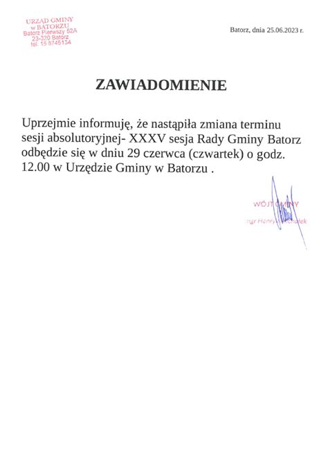 Zawiadomienie O Zmianie Terminu Sesji Absolutoryjnej Xxxv Sesji Rady