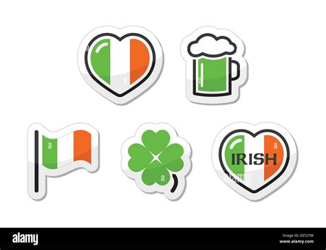 St Patricks Day Icons Irish Flag Clover Green Beer Stock Vector