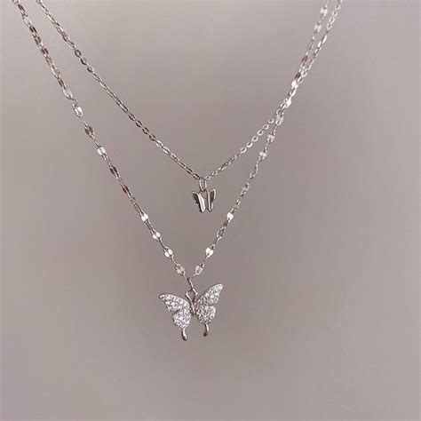 Silver Color Butterfly Necklace For Women Double Layer Clavicle Chain