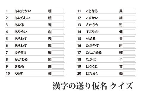 送り仮名を正しく書くことができますか？ちょっと難しい漢字の送り仮名をクイズにしました。 このクイズは合計30問あります。 送り仮名は、1文字