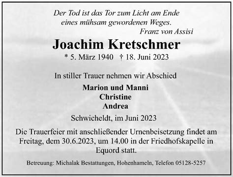 Traueranzeigen Von Joachim Kretschmer Trauer Anzeigen De