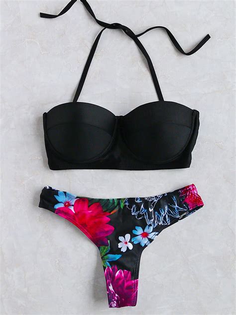 Set Bikini Con Estampado Floral Negro Spanish Shein Sheinside