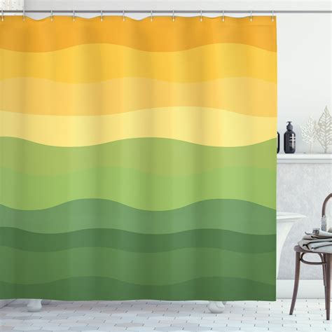 Abstract Shower Curtain Green And Yellow Colored Wavy Lines Curves